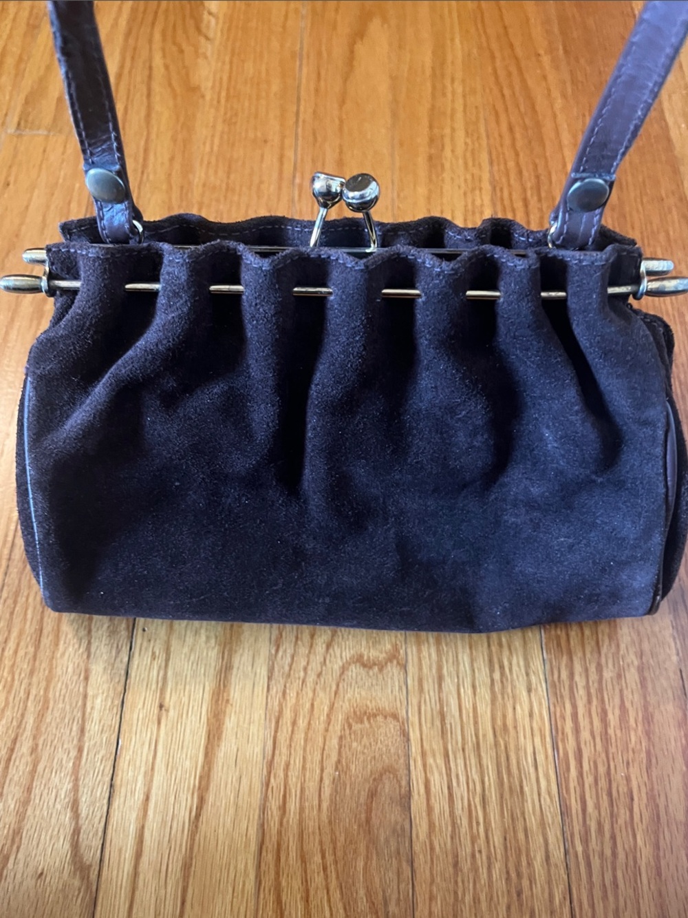 Vintage Vera Pelle Brown Suede Clutch with Gold accents